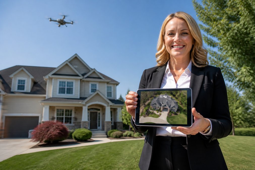 Real estate agent using drone footage on a tablet as part of marketing strategies for real estate agents