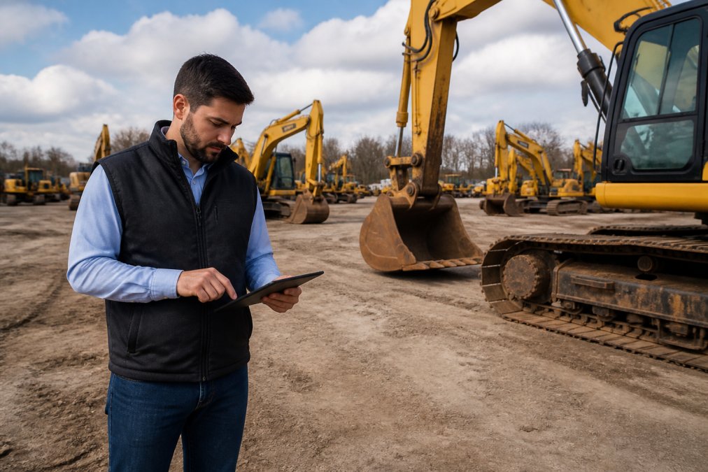 Professional demonstrating marketing strategies for used construction equipment technique in modern setting with natural lighting