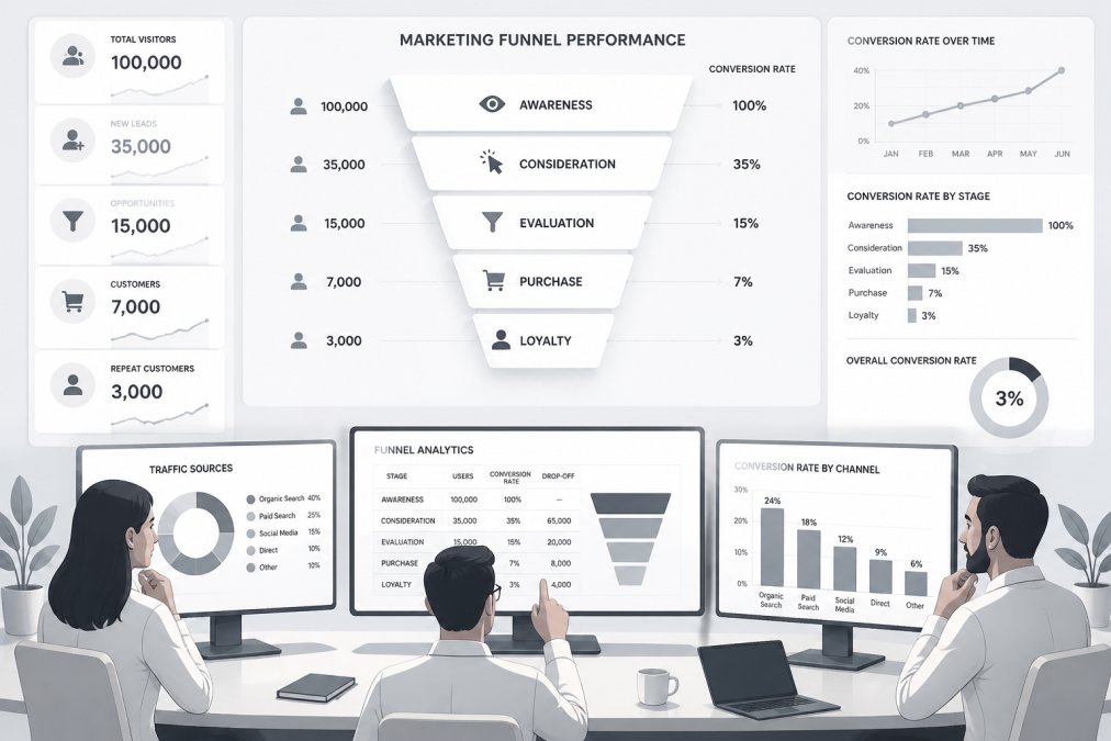 Marketing team reviewing customer journey analytics and funnel metrics on multiple monitors in a modern office environment, with charts showing conversion rates at each stage