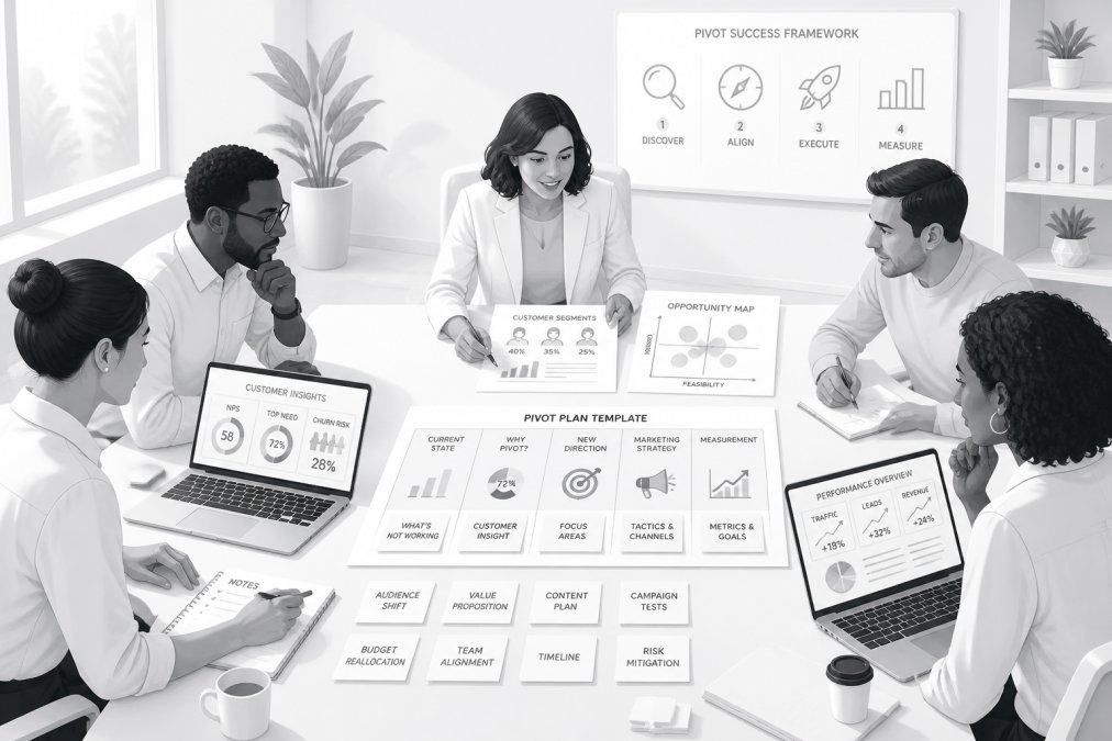 Diverse marketing team gathered around a conference table reviewing strategy documents, customer data on laptops, sticky notes with pivot planning work visible, natural office lighting