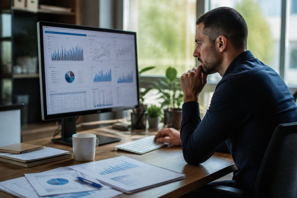 Business professional at desk reviewing analytics on computer screen, marketing performance charts and reports visible, focused on data analysis