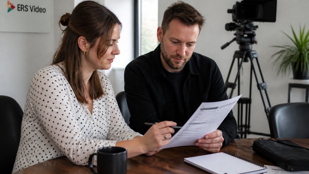 A marketing manager and a videographer reviewing a printed brief document together at a table, with a camera on a tripod visible in the background of a bright office space