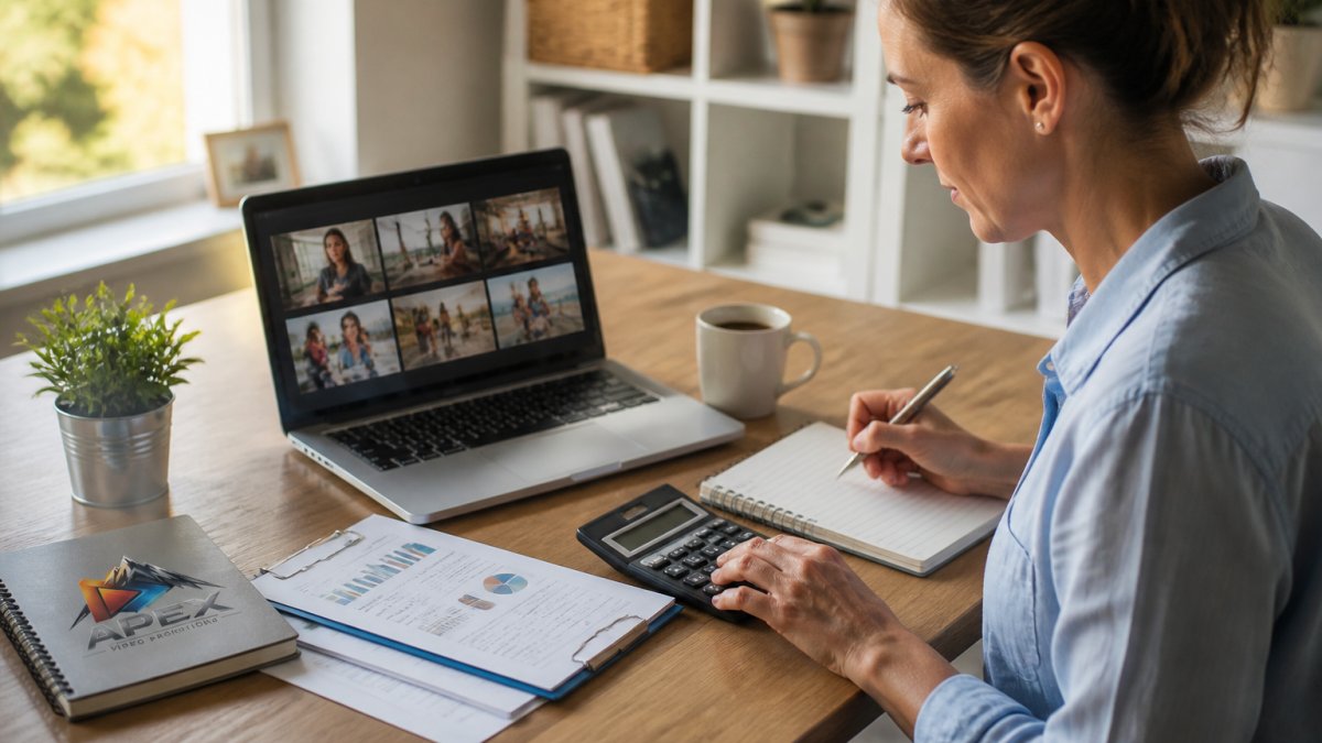 A small business owner at a desk reviewing AI generated video clips on a laptop screen, with a notebook and coffee nearby in a bright home office