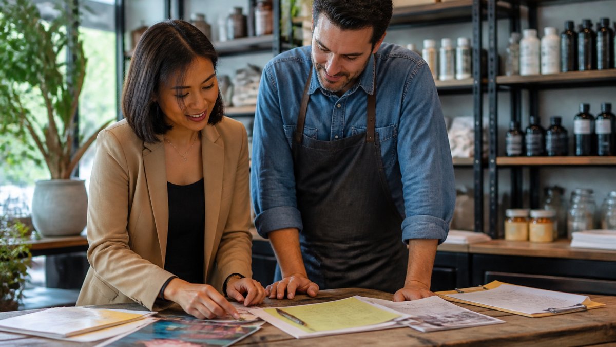 A small business owner and a marketing consultant reviewing a printed promotion plan and laptop analytics together at a shop counter