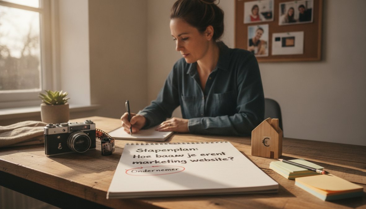 Ondernemer zit aan een opgeruimd houten bureau met een open laptop waarop een websiteontwerp zichtbaar is, naast een notitieboek vol aantekeningen en een dampende kop koffie, warm daglicht vanuit een raam links