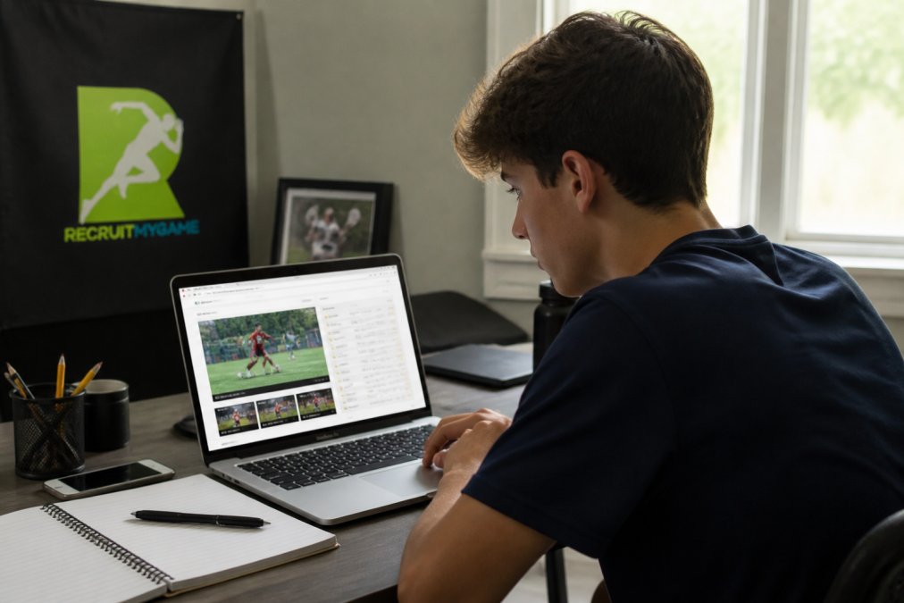 High school student-athlete reviewing their recruiting profile on a laptop with game footage and statistics visible on screen, sitting at a desk in a focused home setting with natural lighting