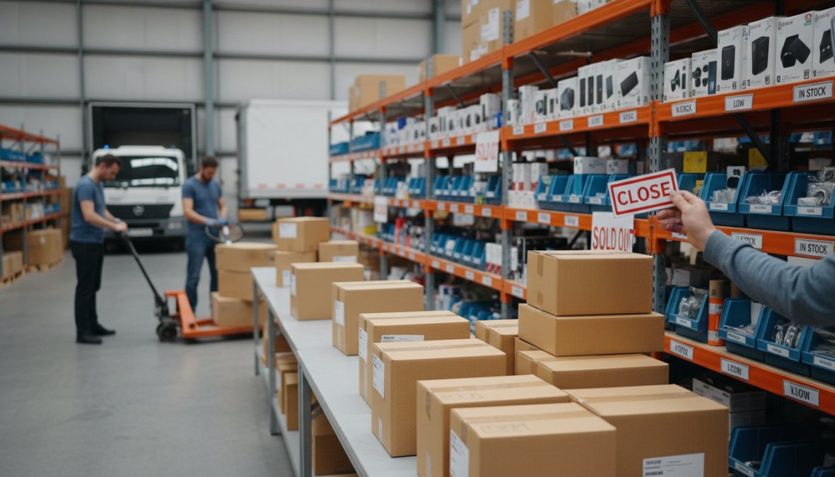 Close-up of hands typing on a laptop displaying a real-time inventory dashboard with stock level indicators and channel-specific quantity fields, in a clean modern warehouse environment with shelving visible in the background