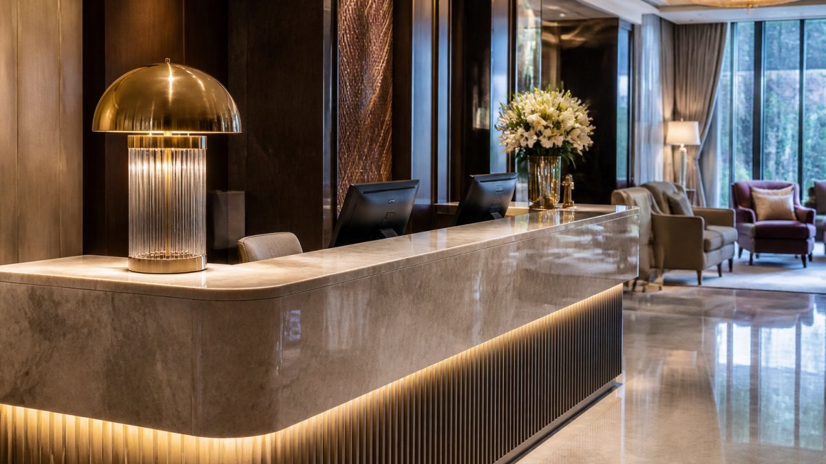 Elegante Hotellobby mit glänzender Marmortischplatte für exklusive Hoteltische in luxuriösem Ambiente.
