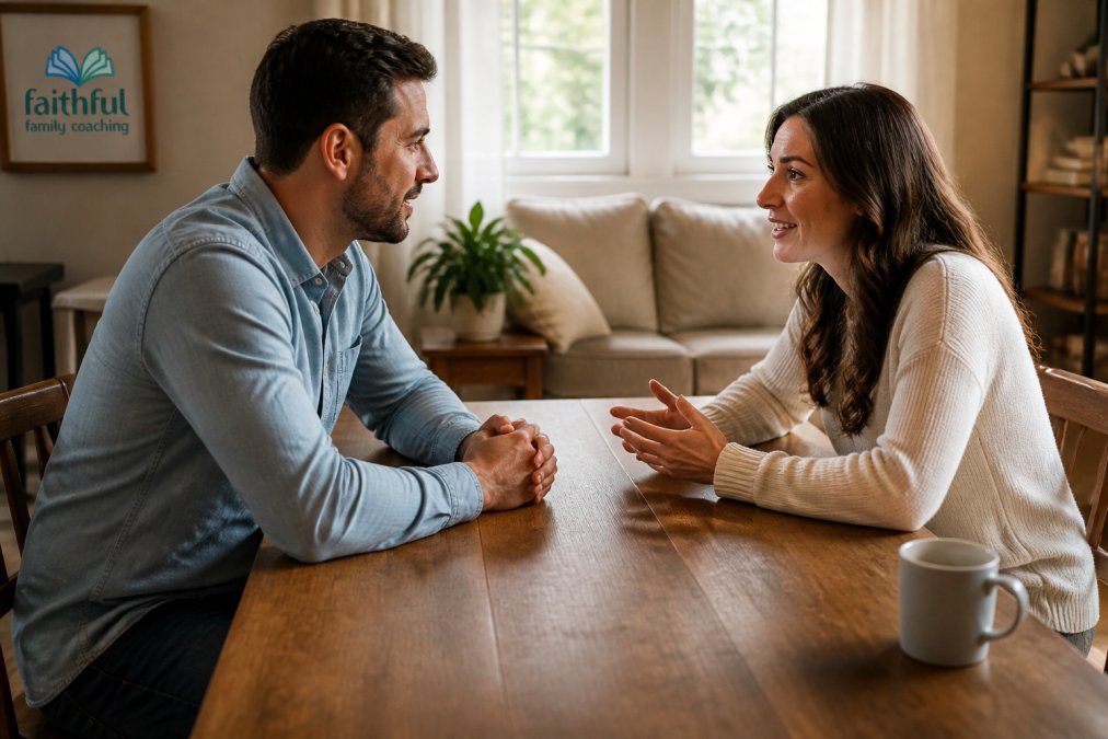 A couple having an open, engaged conversation across a wooden table in a bright, comfortable living room, leaning forward with genuine attention to one another, natural afternoon light streaming through windows
