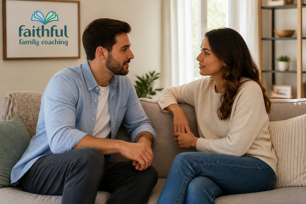 Couple sitting on a couch in deep conversation, practicing active listening skills from marriage enrichment programs.