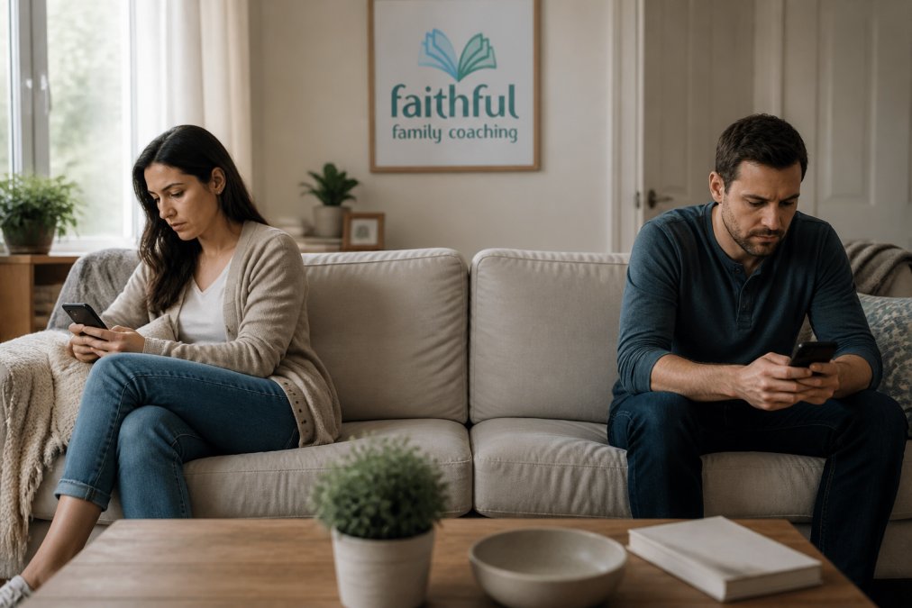 A married couple sitting on opposite ends of a living room couch, both looking down at their phones, with a noticeable emotional distance between them. Soft natural light from a window