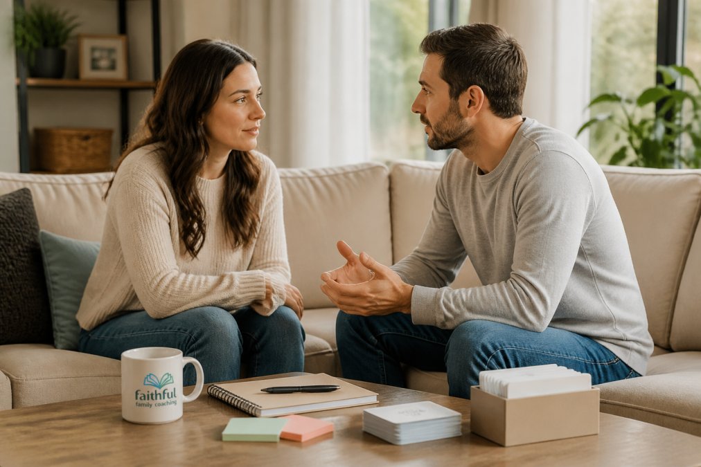 A couple sitting face-to-face on a couch in warm natural lighting, engaged in conversation with open body language, maintaining attentive eye contact and leaning toward each other, demonstrating active listening and emotional connection