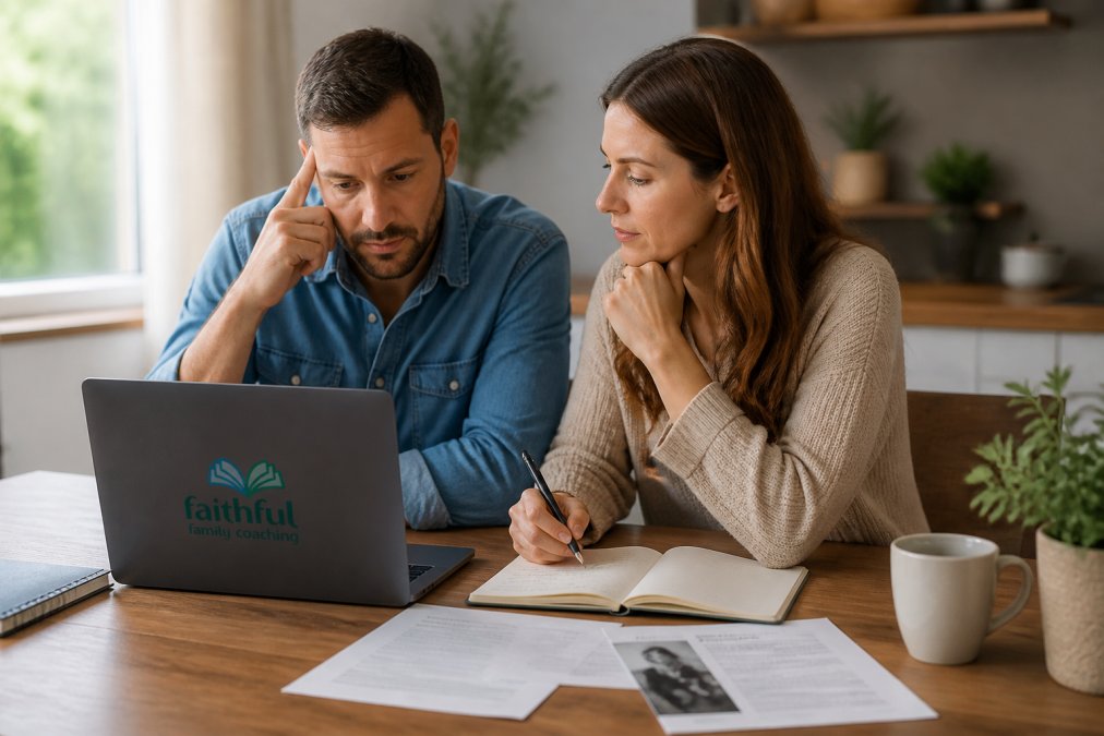 A couple reviewing information together on a laptop at a wooden table, with papers and a notebook visible, taking notes and discussing, suggesting thoughtful decision-making about their relationship program