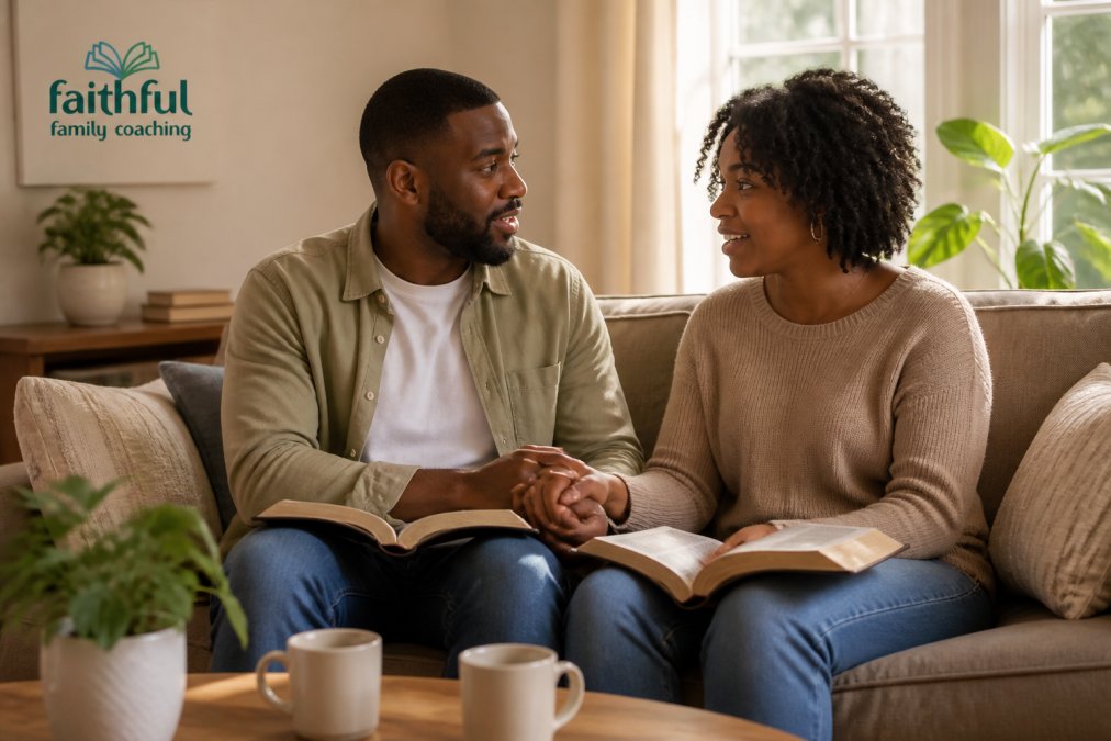 A Christian couple sitting together on a couch, holding hands and talking with Bibles open on their laps, in a warm, sunlit living room