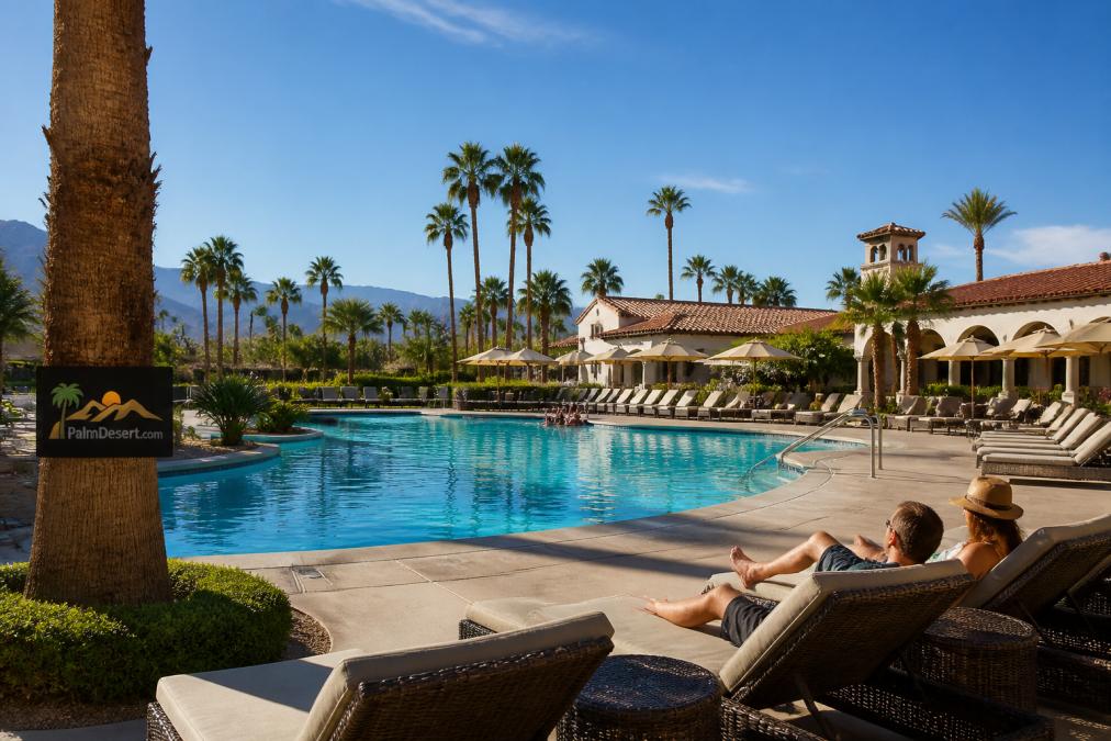Guests relaxing by the sunlit swimming pool at Marriott Desert Springs Villas surrounded by palm trees
