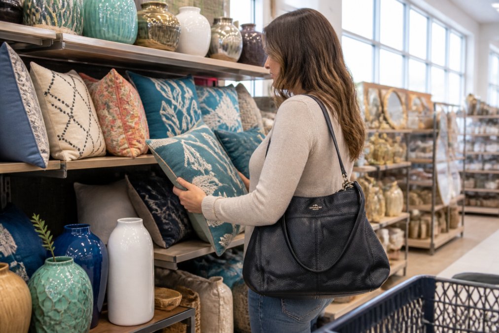 Customer browsing colorful home decor items on shelves in a bright retail store, examining throw pillows and vases with natural window lighting