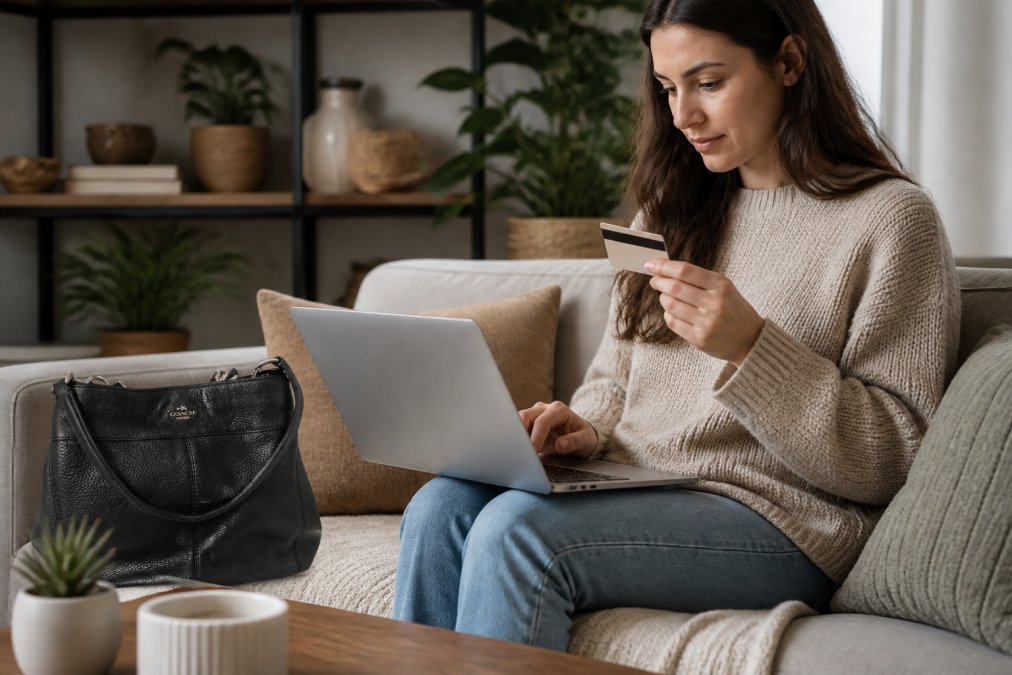 Person shopping on a laptop at home with home decor items visible in the background, holding a credit card while browsing online