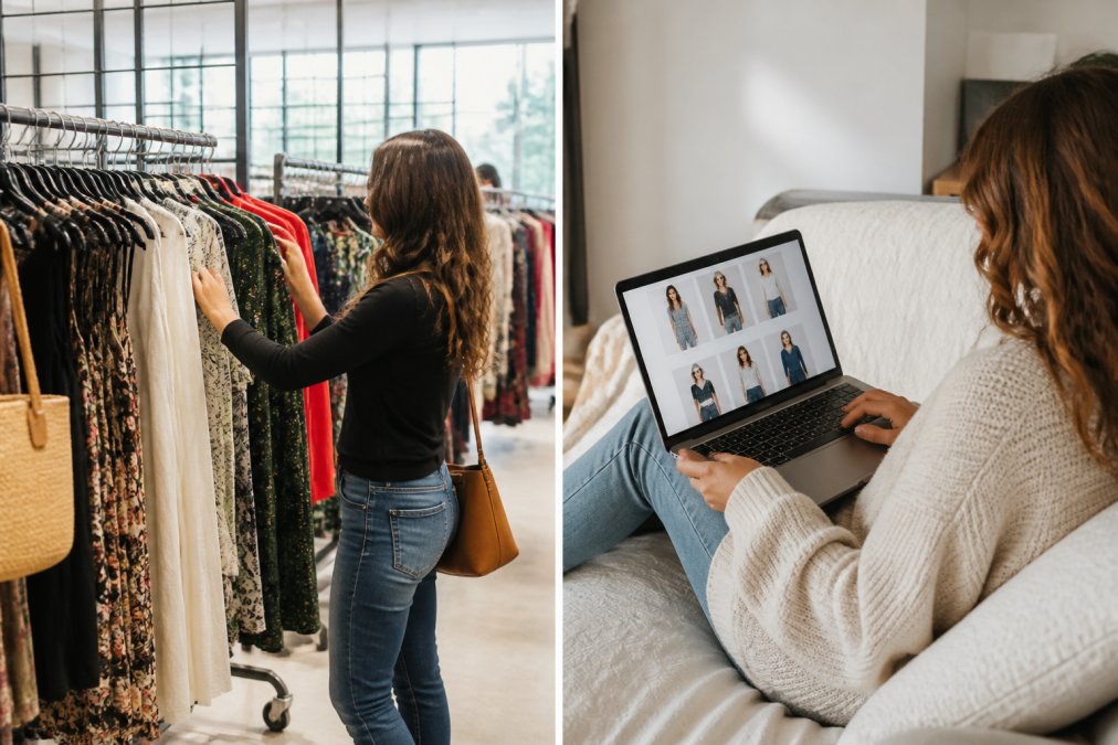 A shopper browsing racks of discounted clothing and accessories in a bright retail store with organized displays and clear price tags visible, natural daylight from store windows illuminating the merchandise