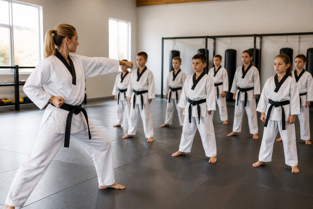 Instructor demonstrating martial arts for focus in kids to a class of attentive students in a bright dojo.