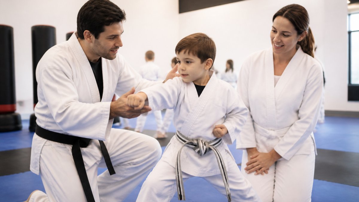 Instructor guiding a child in a martial arts for kids who quit sports class within a bright, welcoming studio.