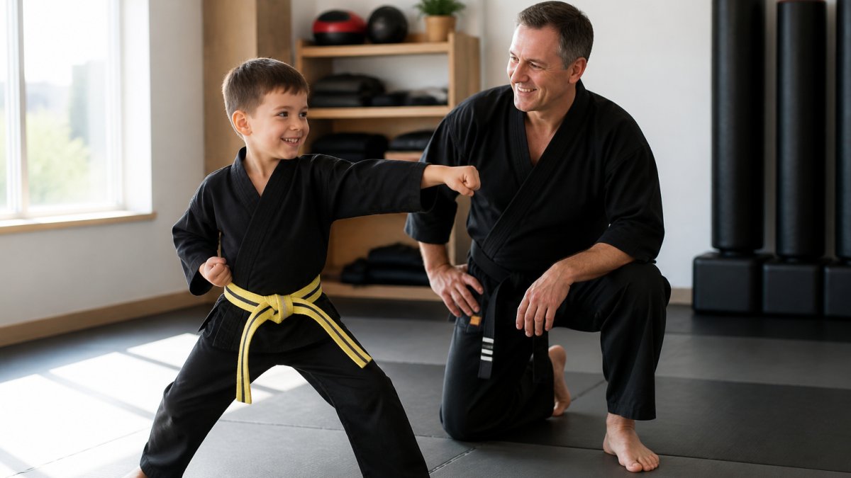 Young child in martial arts uniform practicing a stance with instructor nearby, both smiling in a calm, welcoming studio environment