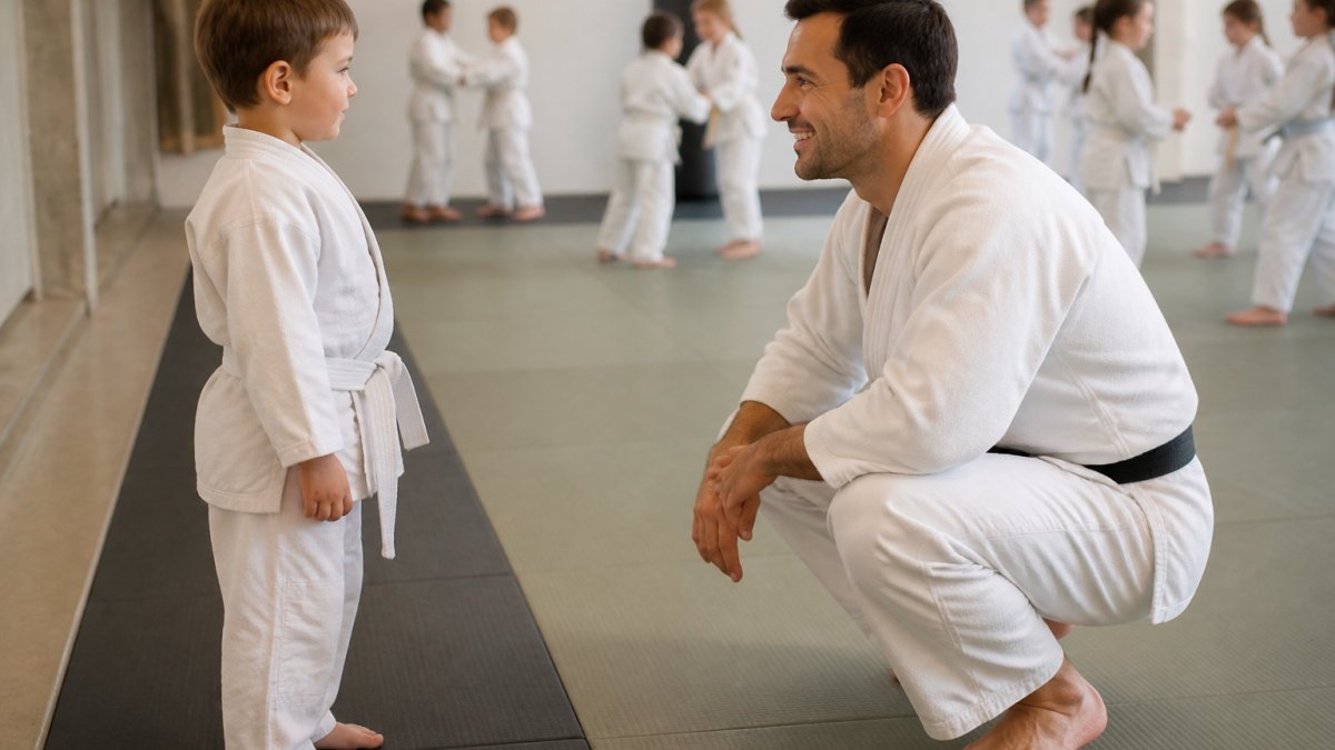 A young child in a martial arts uniform standing on the edge of a dojo mat, looking toward a smiling instructor who is crouching down to their eye level, with other children practicing in the soft-focus background
