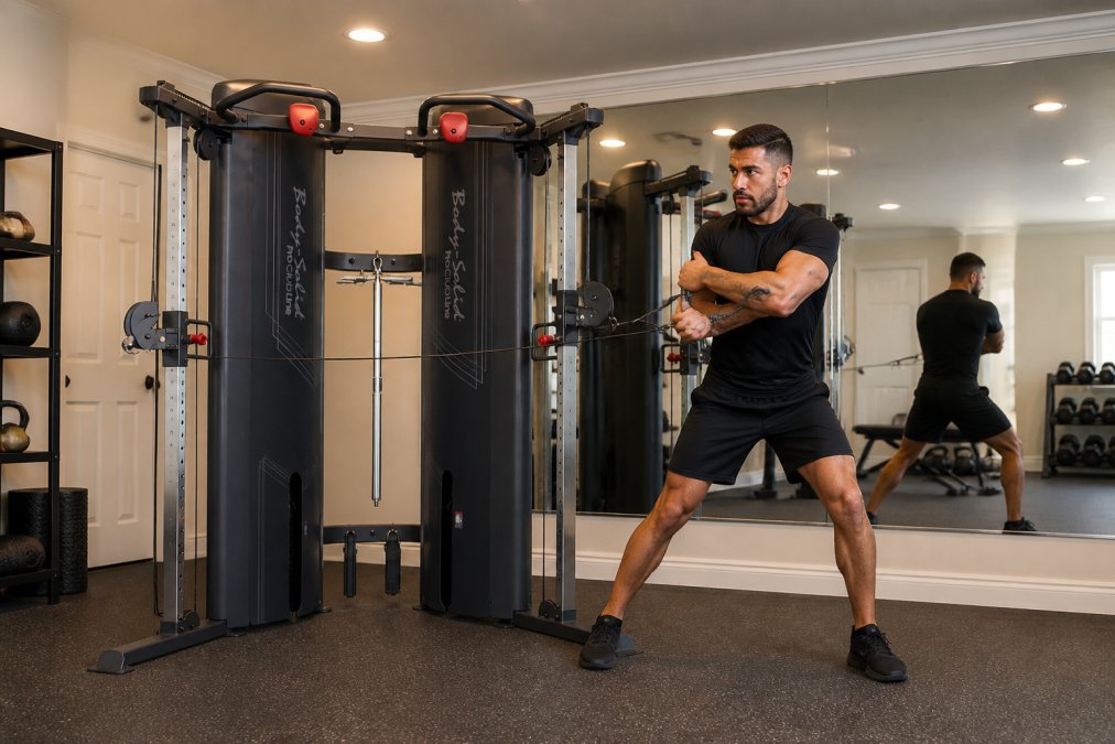 Professional martial artist performing dynamic cable-based rotational exercise on Body Solid functional trainer in modern home gym with overhead lighting and mirrored walls