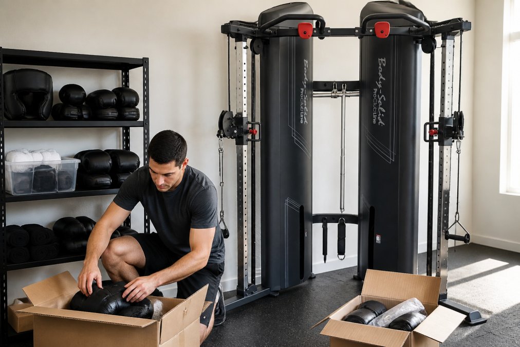 Organized home martial arts training setup with hand wraps, boxing gloves, and headgear arranged on shelving unit beside Body Solid cable system in well-lit dedicated gym space