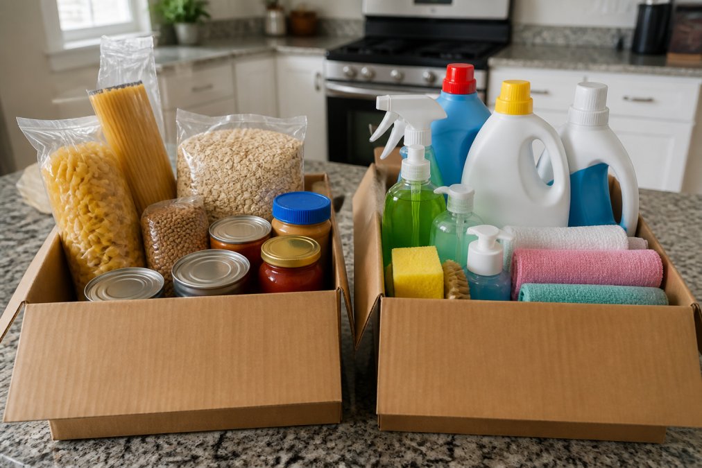 A side-by-side flat lay of two distinct online grocery and household supply orders on a kitchen counter, one box with pantry staples and another with cleaning products and laundry detergent bottles