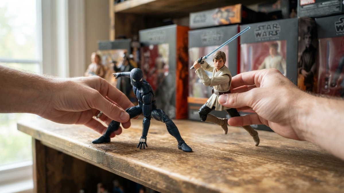 Close-up photograph of a collector's hands posing two six-inch action figures on a wooden shelf, one in a dynamic crouch and one mid-swing, with soft window light and blurred boxed figures in the background