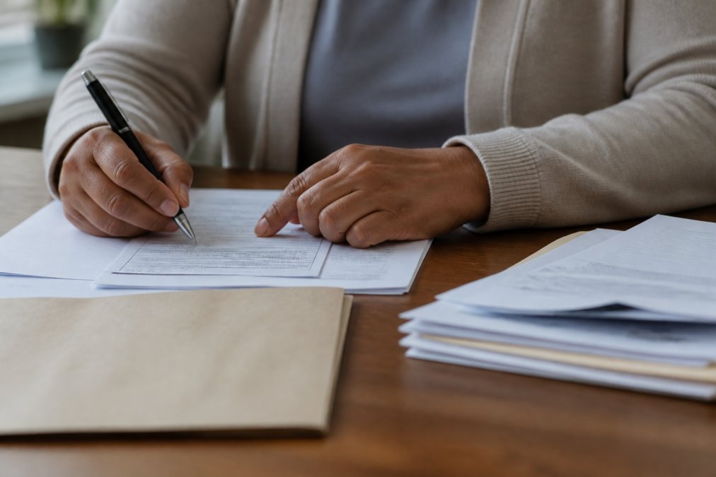 Close-up of hands filling out a child support application form with a pen on a table with documents and a folder