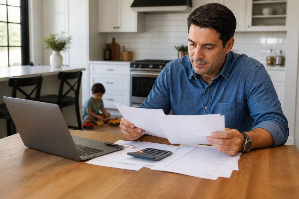 A parent sitting at a kitchen table reviewing financial documents and a laptop, looking focused and calm, with a child visible in the background playing with toys in a softly lit kitchen