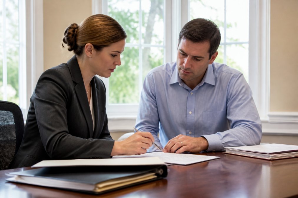 A family law attorney and a client seated across a desk, reviewing legal paperwork together in a professional office with natural light coming through large windows, both focused on the documents