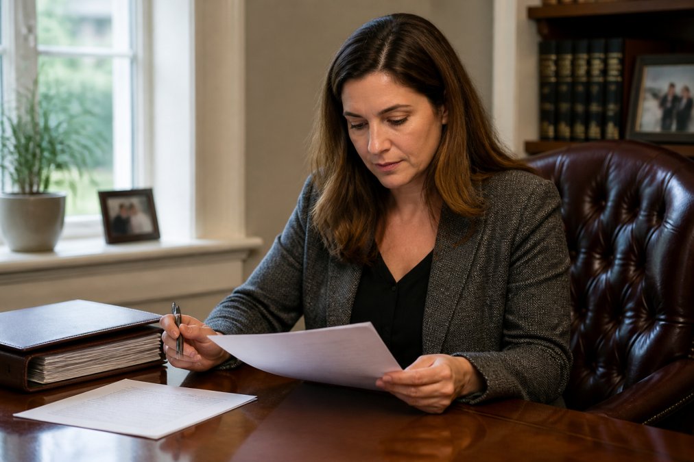 A person reviewing legal documents at a wooden desk with a pen and folder, warm natural light from a window, focused and calm atmosphere