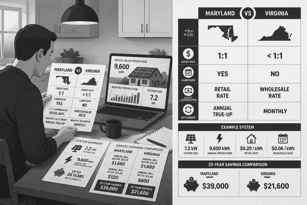 Homeowner reviewing solar installation documents and net metering comparison sheets at kitchen table with laptop and printed materials showing Maryland vs Virginia calculations