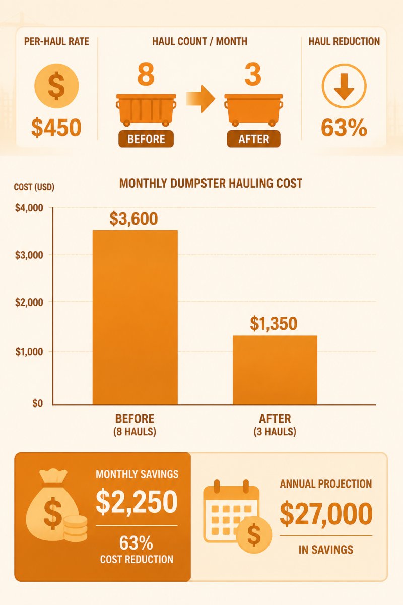 Bar chart comparing monthly dumpster hauling costs before and after on-site compaction for a mid-size commercial construction site, showing haul count reduction from 8 to 3 per month and associated cost savings, with labels for per-haul rate, monthly total, and annual projection