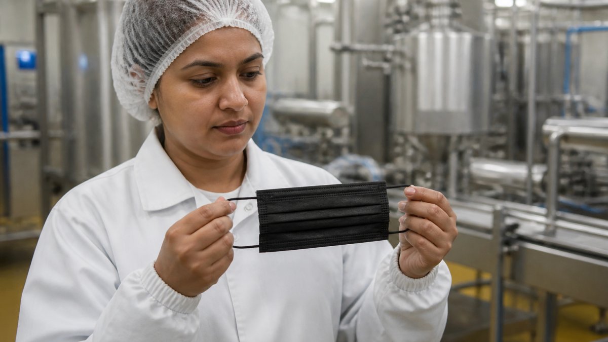 A food processing worker in a hygiene smock and hairnet carefully inspecting a black disposable mask for visible damage, with stainless steel production equipment blurred in the background