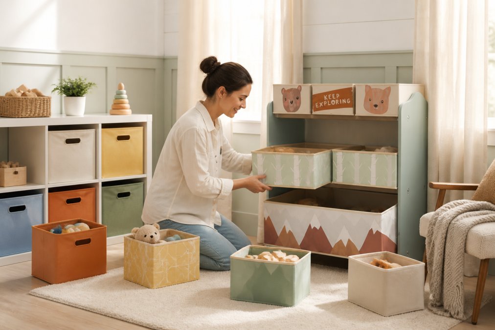 Parent organising and arranging multiple coloured storage boxes and toy organisers in a bright, sunlit playroom with white walls, creating neat rows of storage units
