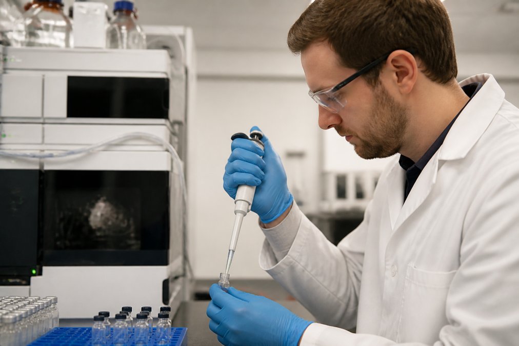 A laboratory technician in a clean lab coat carefully pipetting a peptide sample into a vial for LC-MS/MS analysis, with an HPLC instrument visible in the background