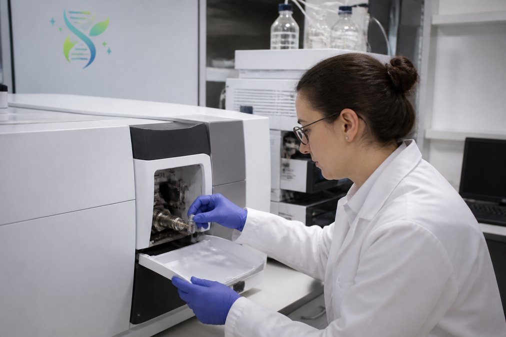 A researcher in a white lab coat carefully loading a sample vial into a mass spectrometer, with a computer screen showing analytical data in the background