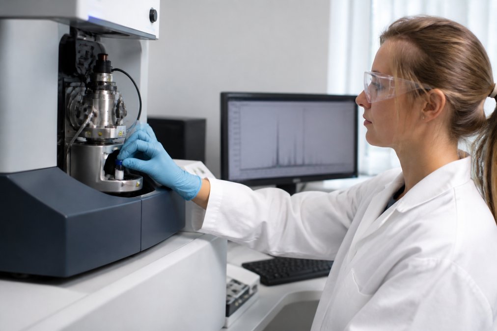 A scientist in a modern laboratory loading a sample vial into a mass spectrometer, with a computer monitor displaying spectral peaks in the background under bright, clean lighting