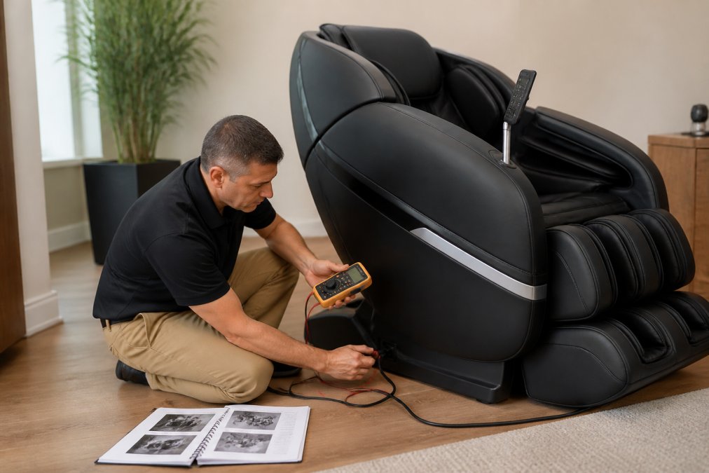 Technician using a multimeter to perform massage chair repair by testing the power cord near a service manual