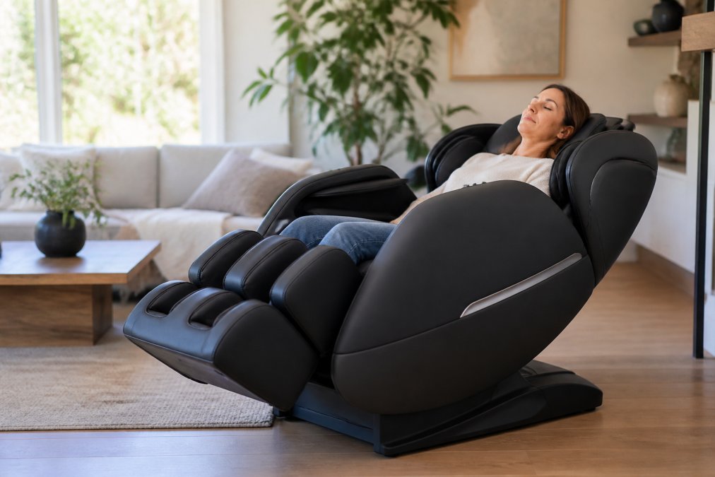 Infographic comparing the convenience of a massage chair vs professional massage for at-home wellness recovery