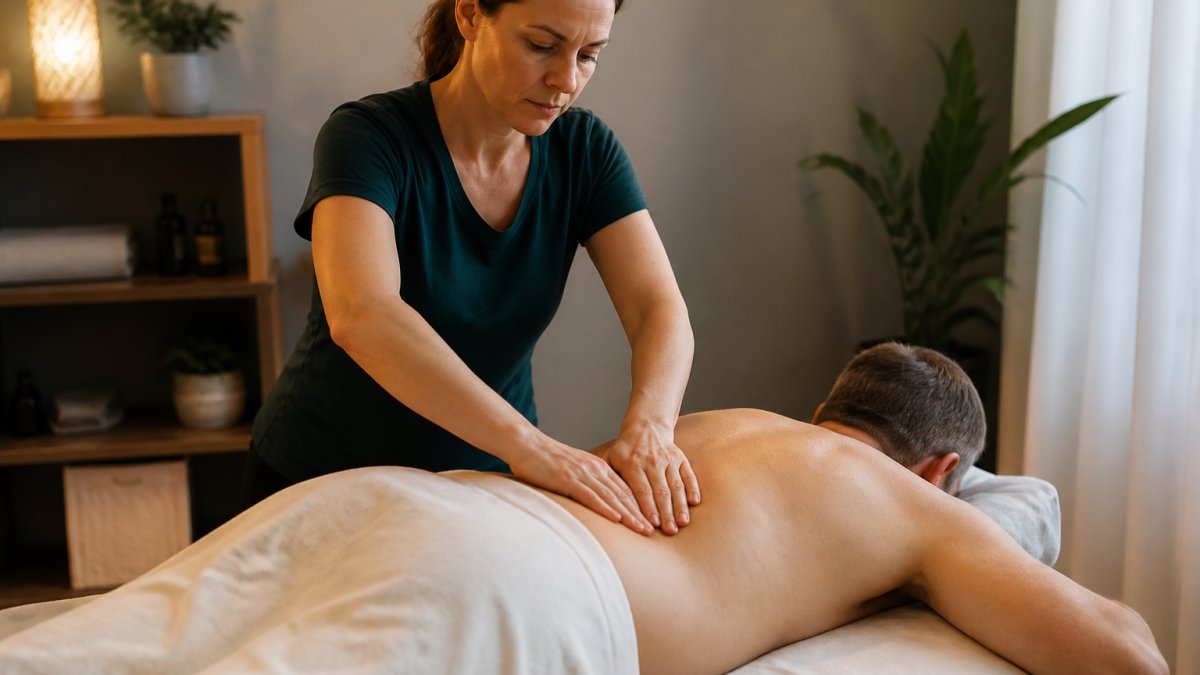 A licensed massage therapist gently working on a client's lower back in a calm, softly lit treatment room, with clean linens and a professional atmosphere