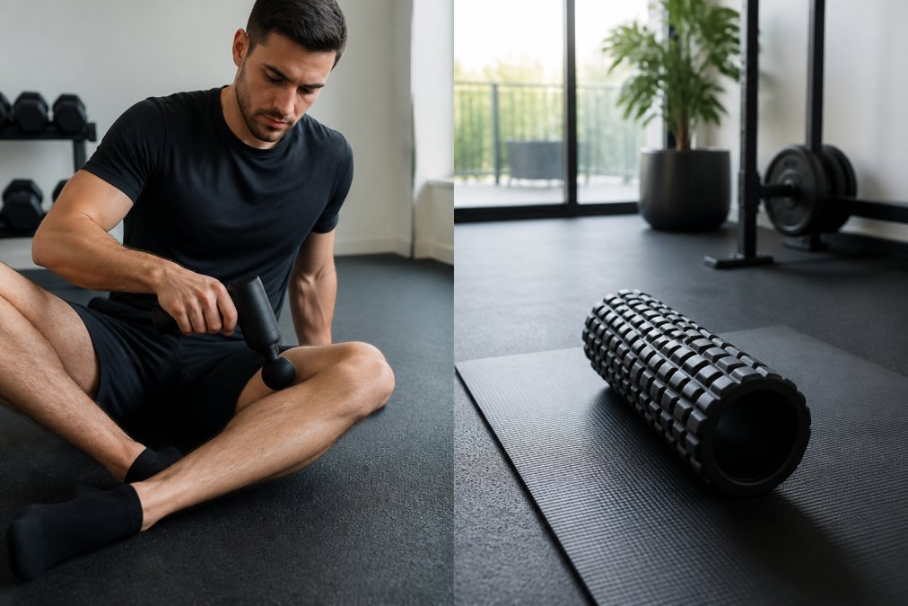 Person using a massage gun on their leg after a workout, with a foam roller visible on a nearby mat, in a modern home gym setting with natural lighting