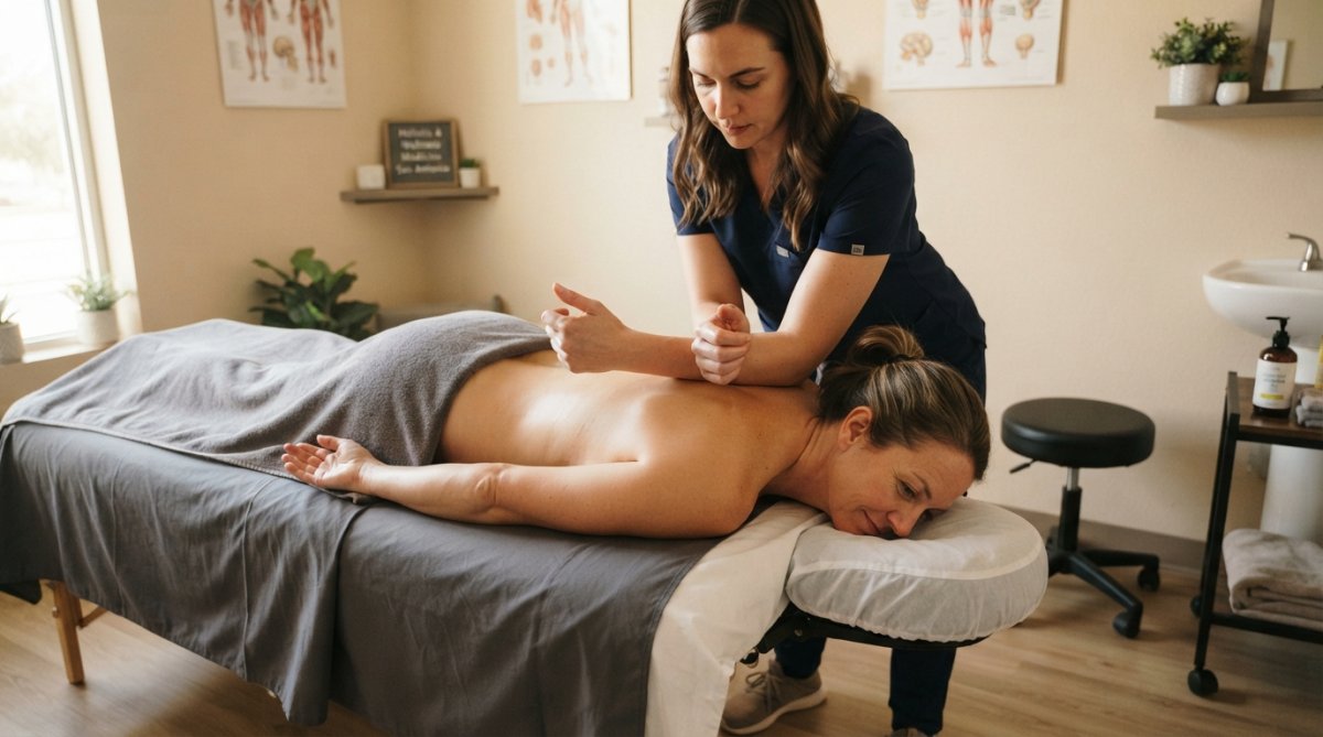 Licensed massage therapist performing deep tissue massage on client's back and shoulder area in calm clinical setting with warm lighting