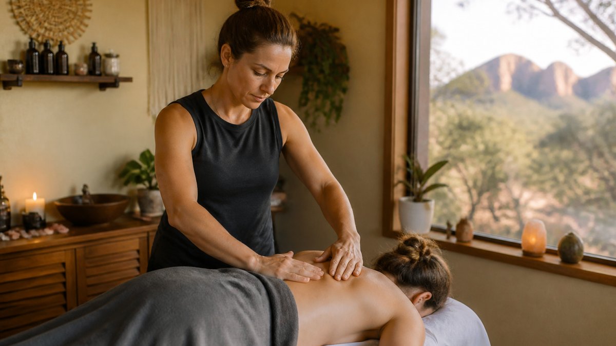 Professional massage therapist working on client's shoulder and upper back during therapeutic session in calm treatment room with soft natural lighting