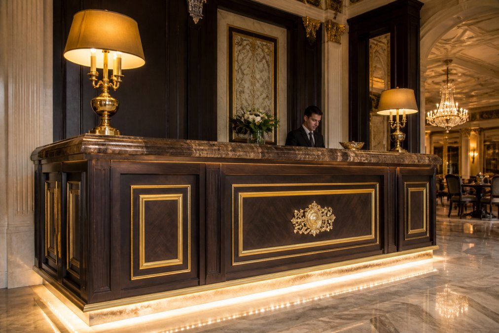 Elegante Hotellobby mit einer maßgefertigten Empfangstheke aus dunklem Massivholz und poliertem Marmor, goldene Blattgold-Akzente an der Frontgestaltung, warmes LED-Licht, ein Rezeptionist im Hintergrund, luxuriöse Innenarchitektur mit Barockanklängen