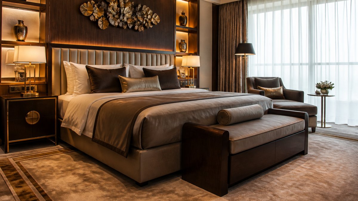 Luxuriöses Hotelzimmer mit eleganten maßgefertigten Möbeln in warmen Holztönen, stimmungsvoller Beleuchtung und hochwertigen Textilien, das Komfort und Raffinesse ausstrahlt
