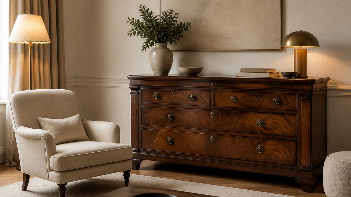 Elegantes Wohnzimmer mit einer massiven Vintage-Holzkommode in dunklem Nussbaum, kombiniert mit einem weichen Sessel und modernen minimalistischen Accessoires, warmes Lampenlicht auf cremefarbenen Wänden